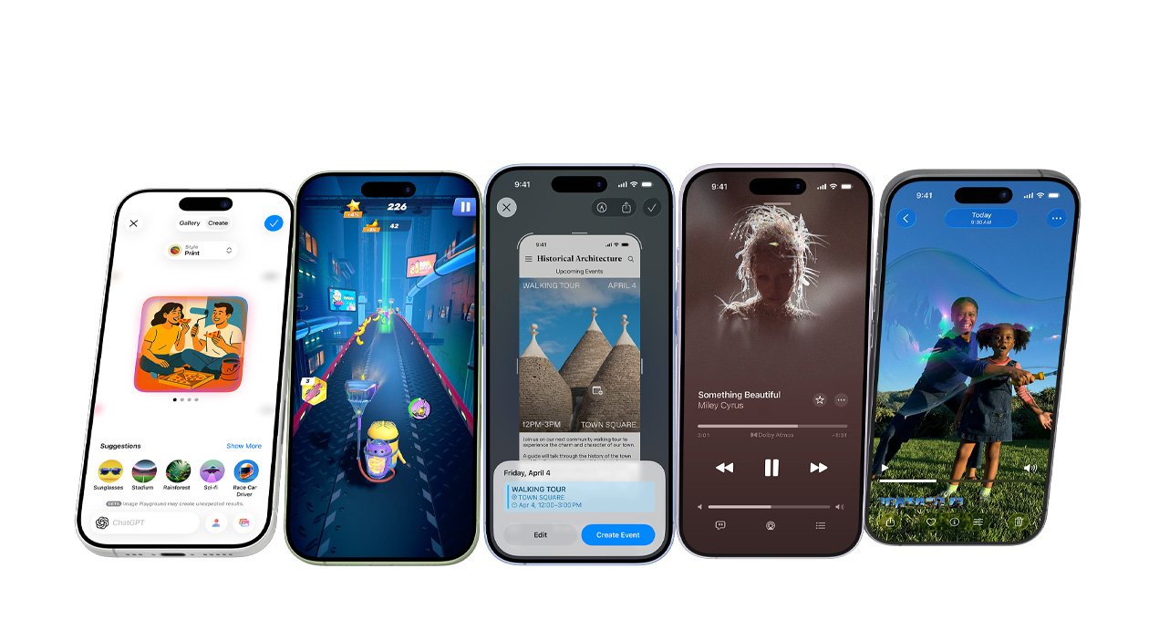 Dispozitive iPhone 17 în culori diferite, ecrane afișând diverse aplicații