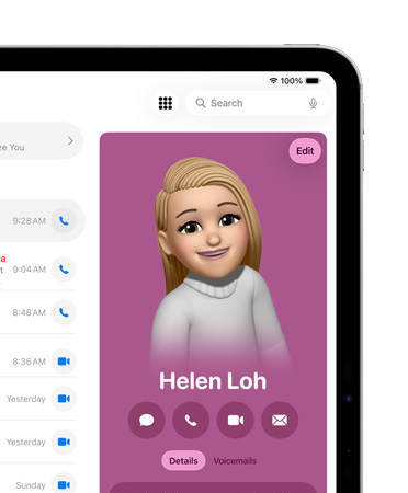 iPad, front right of screen showing a contact card in the Phone app open with options to Message, Call and more