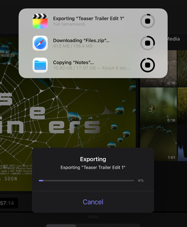Video dışa aktarma, dosya indirme ve notları yedek klasöre taşıma işlemlerinin ilerlemesini gösteren arka plan görevleri bildirimi