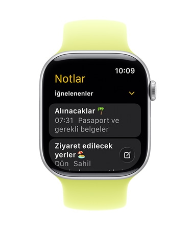 Şakayık rengi örgü kayışa sahip Gümüş rengi Apple Watch'un kadranında Notlar uygulaması ve iki adet İğnelenmiş not görünüyor