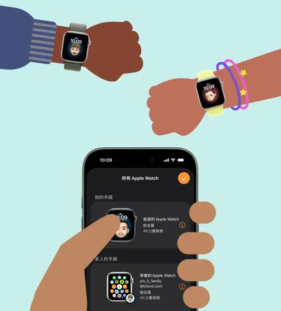 Apple Watch 親子設定，卡通插圖展示兒童手腕上戴著 Apple Watch SE 3，已與父母手中的 iPhone 配對