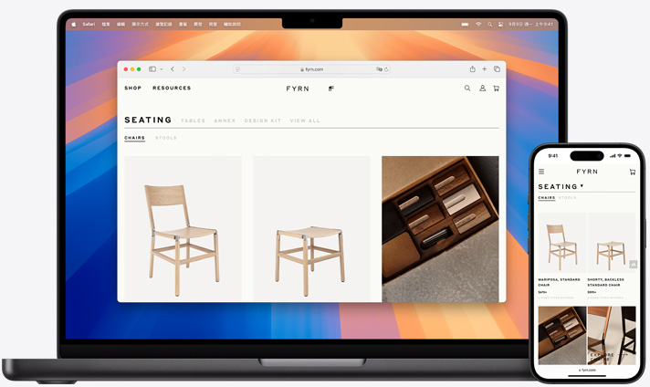 Macbook 與 iPhone 的螢幕顯示兩部裝置開啟相同的 Safari 頁面