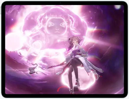 iPad Air 的機身正面外觀，螢幕顯示動作遊戲《明日方舟：終末地》的遊戲場景