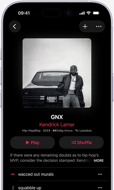 iPhone screen displaying the Kendrick Lamar album “GNX” on Apple Music