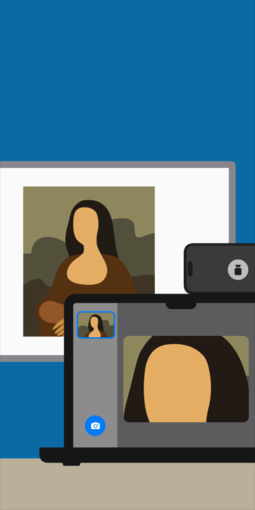 Animierte Illustration der Lupe App auf einem MacBook Bildschirm, die ein Bild der Mona Lisa auf einem Whiteboard im Klassenzimmer vergrößert