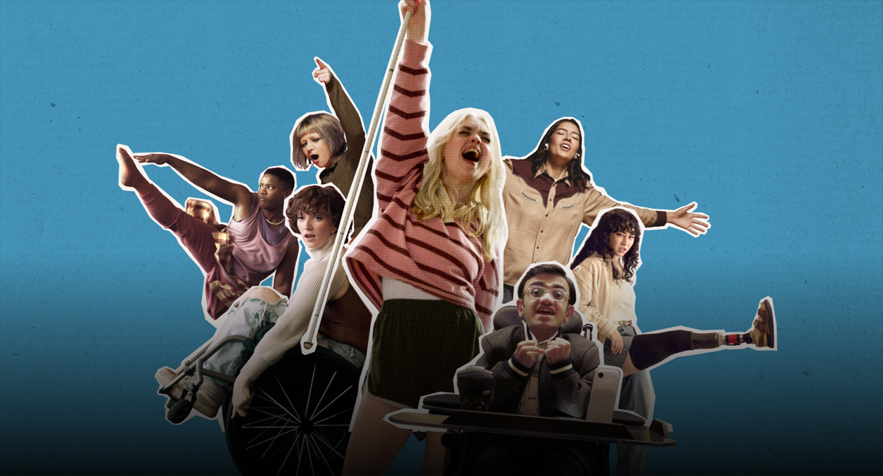 Eine diverse Gruppe von Studierenden, darunter eine Person im Rollstuhl. Sie jubeln und tanzen dynamisch vor einem blauen Hintergrund.