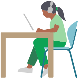 Một người phụ nữ ngồi ở bàn, đang đeo AirPods Max và sử dụng iPad