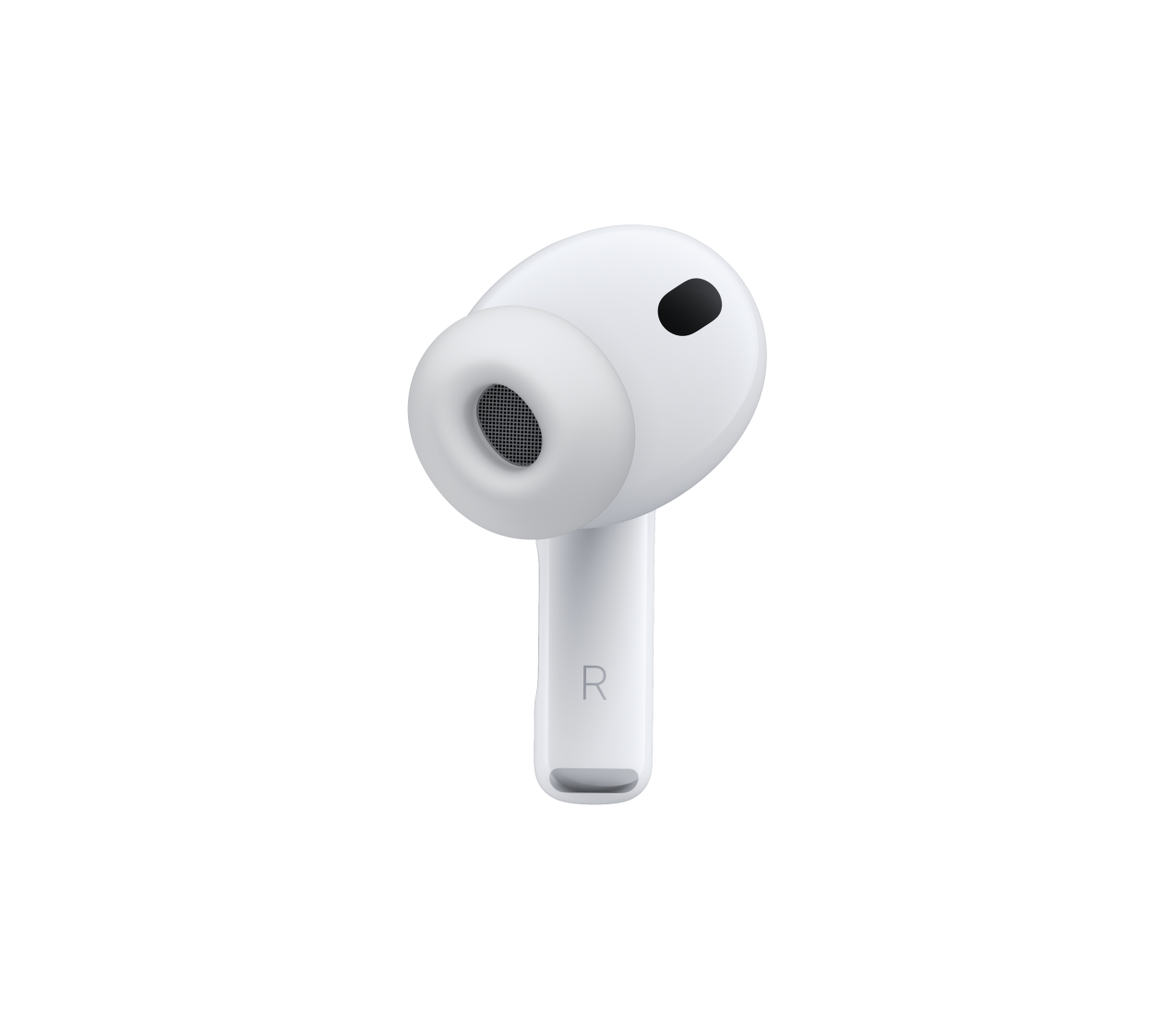 سماعات AirPods&nbsp;Pro&nbsp;3، لون أبيض، ميكروفون لإلغاء الضجيج، رأس من السيليكون، جذع قصير عليه الحرف R‏