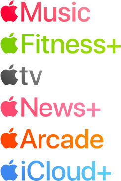 Logotypes des services d’abonnement Apple, dont Apple Music, Fitness+, Apple TV, Apple News+, Apple Arcade et iCloud+