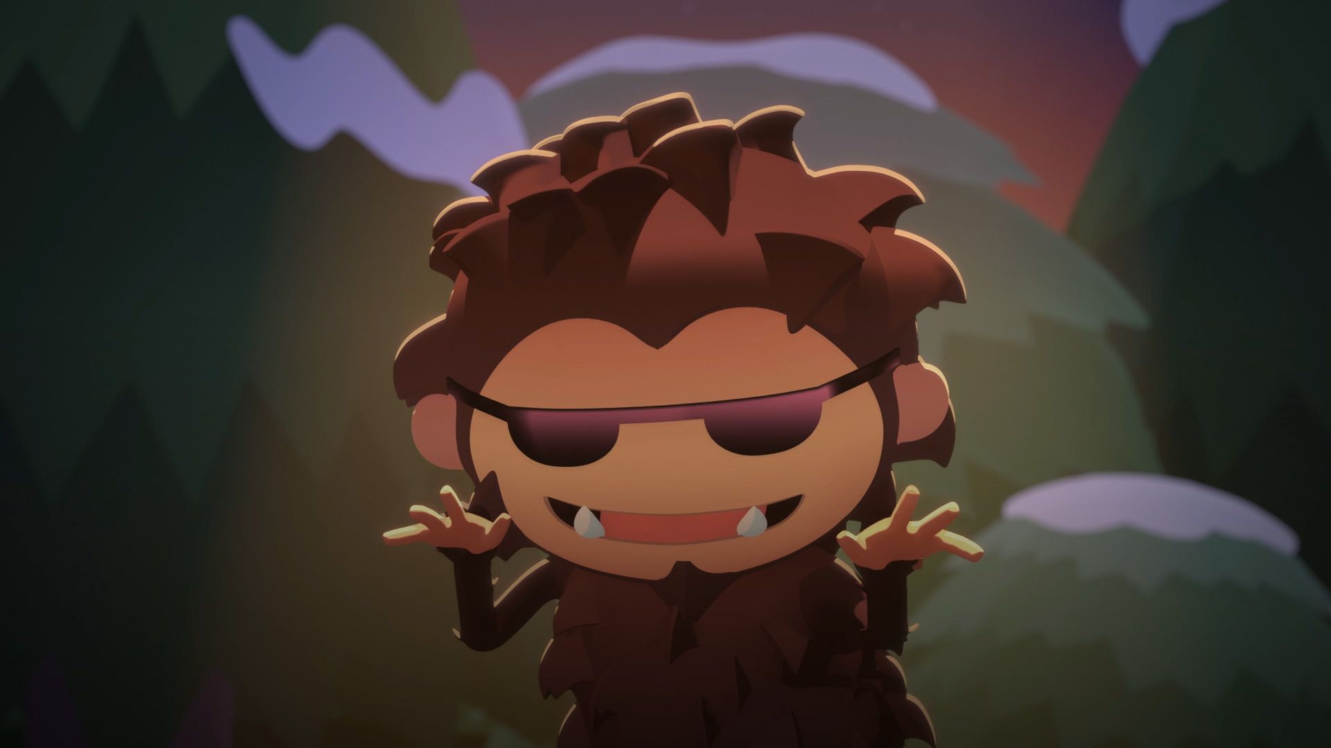 Sneaky Sasquatch usa lentes de sol en la noche y baila en un bosque nevado.