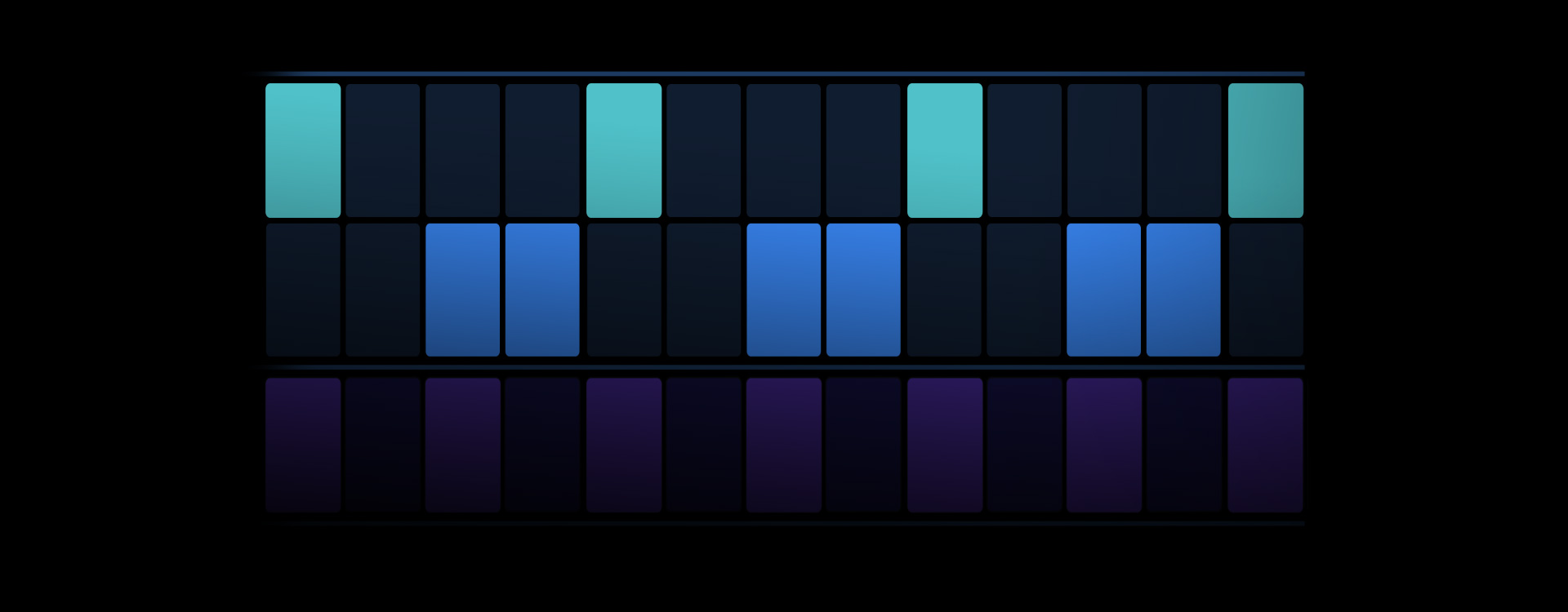 Animation d’un écran de Logic Pro, interface pour le séquençage des rythmes avec des boutons turquoise, marine et violets