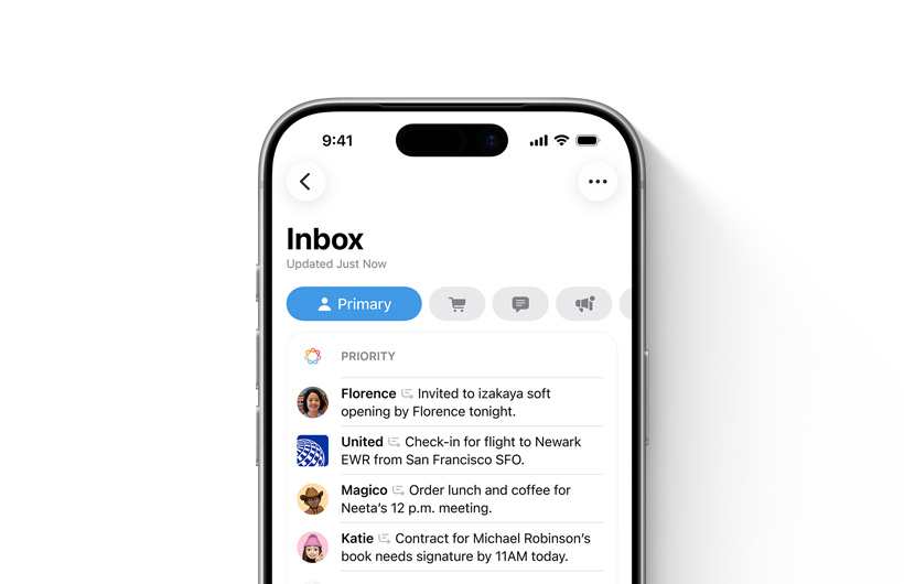 Un iPhone affichant la boîte de réception de l’app Mail, avec les messages importants en haut