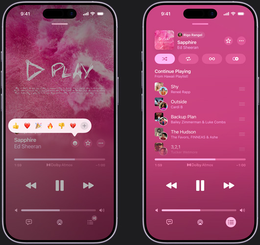 جهاز iPhone على اليسار يعرض تشغيل أغنية ' Don't Do Me Good' غناء Madi Diaz وKacey Musgraves على الشاشة مع عرض رموز إيموجي للتفاعل مع الأغنية التي تعرض خيارات رفع إصبع الإبهام، أو قلب، أو احتفال، أو إصبع إبهام للأسفل، أو إضافة رد فعل آخر، وجهاز iPhone على اليمين يعرض قائمة تشغيل مشتركة تسمى 'Road Trip Playlist' تحتوي على أغانٍ متعددة أضافها مساهمون آخرون في القائمة