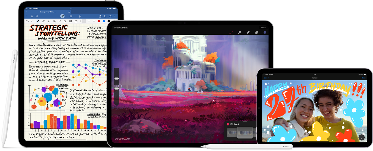 Three iPads, front facing, side by side. On left, iPad 10th generation, portrait orientation with Apple Pencil 1st generation. In middle, iPad Pro, landscape orientation, displaying a colorful drawing with Apple Pencil Pro attached to the top. On right, iPad mini, landscape orientation with Apple Pencil 2nd generation attached to the top. Apple Pencil USB‑C is laid horizontally across the front iPad Pro and iPad mini.