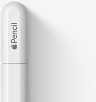 Viršutinė „Apple Pencil USB‑C“ dalis su užapvalintu galiuku, „Apple“ logotipu ir žodžiu „Pencil“. Ant galiuko matoma linija, rodanti, kurioje vietoje viršutinė dalis atidaroma norint prijungti USB‑C laidą.