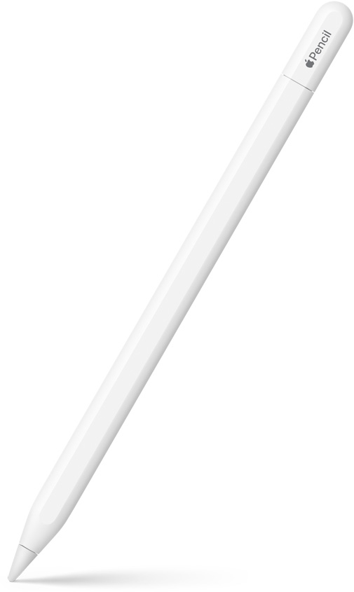 Apple Pencil USB-C dans un angle tendant à la verticale, pointe vers le bas. L’image montre l’extrémité supérieure arrondie et l’endroit où elle coulisse pour permettre de brancher un câble USB-C. Elle arbore le logo Apple et le nom du produit. Une ombre est projetée dans le bas de l’image.