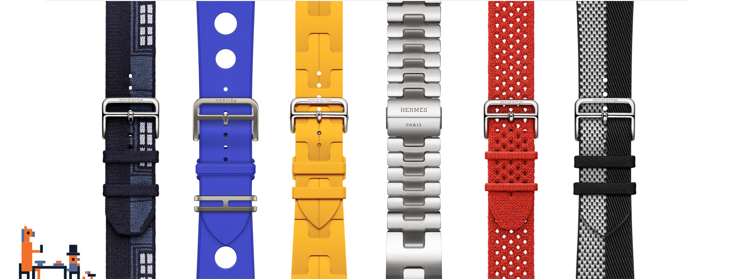 Pixel art of a person and horse sitting at a table, available Apple Watch Hermès bands in varying styles and colours