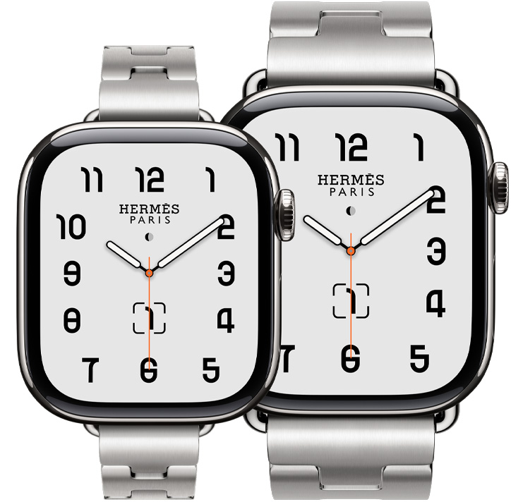 Two Apple Watch Hermès Series 11 devices, titanium cases, silver colour, satiné colour Grand H Fin and Grand H bands