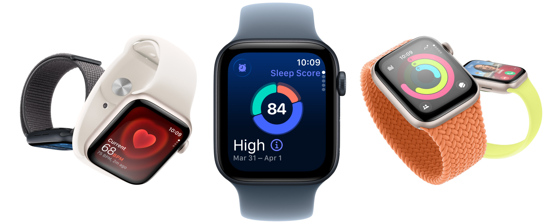 Apple Watch SE 3 devices, aluminium cases, starlight and midnight colours, screens: Vitals app, Heart Rate app, Sleep Score, Activity rings, incoming call