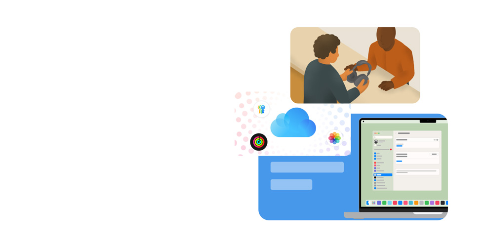 A stylised illustration of an Apple expert holding a customer’s headphones. Below them is a drawn MacBook screen showing the System Settings interface, surrounded by illustrated icons representing Passwords, iCloud, Apple Fitness and Photos.