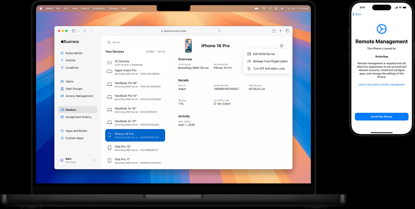 MacBook and iPhone, MacBook screen shows Apple Business Essentials, iPhone screen shows Remote Management within Setup