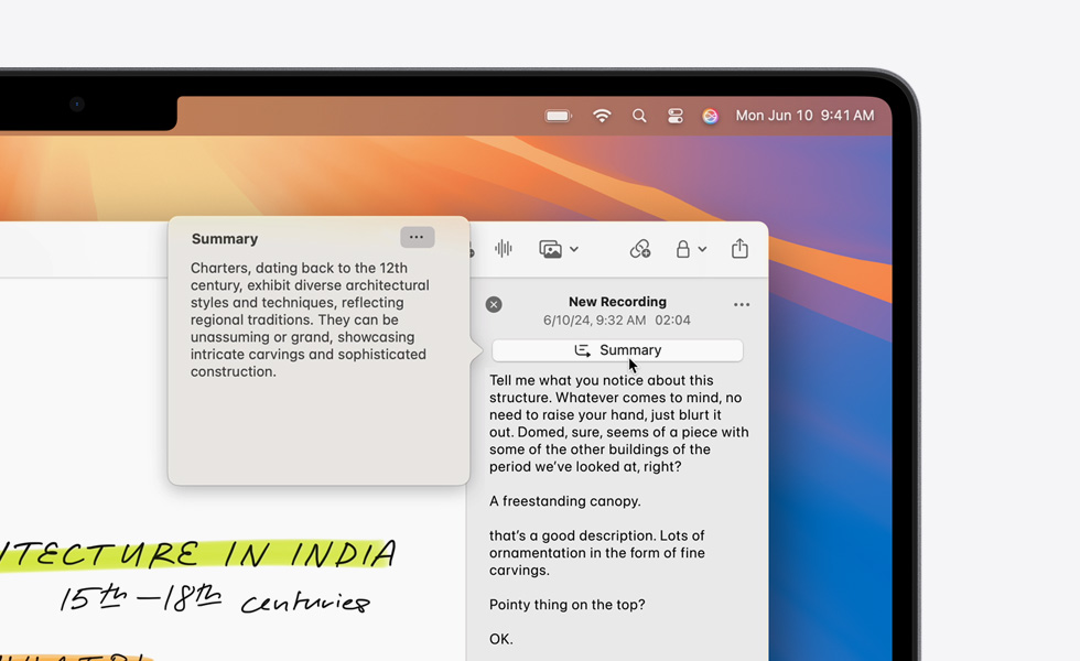 Ringkasan transkrip audio di aplikasi Catatan di MacBook, yang dibuat oleh alat bantu Ringkasan Apple Intelligence