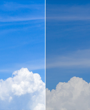 Image en deux parties de nuages dans le ciel montrant le résultat avant et après l’utilisation de l’outil d’étalonnage