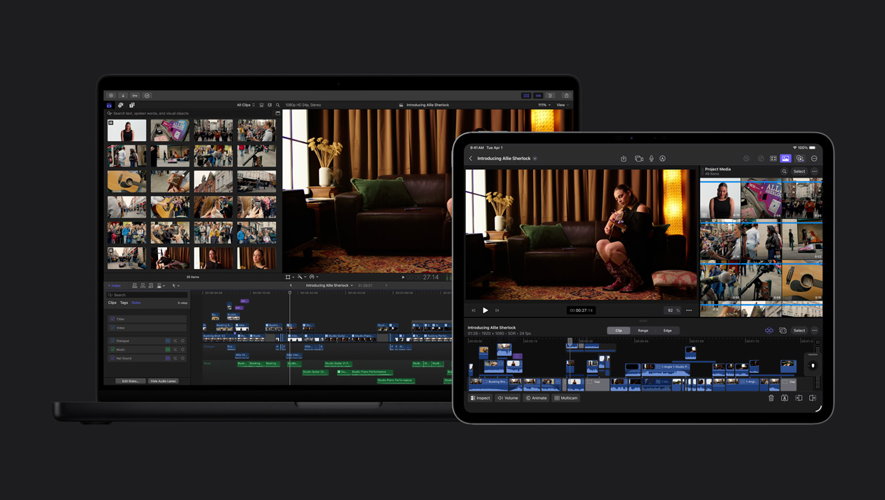 Écrans d’iPad Pro 13 et de MacBook Pro 14 affichant des séquences d’une femme jouant de la guitare sur un canapé, des séquences d’une vidéo en bas de l’écran de l’iPad Pro, une timeline en bas de l’écran du MacBook Pro