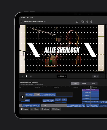 iPad Pro 13, montage d’un clip vidéo avec des titres superposés à l’image, outils permettant de choisir les polices, les couleurs et la mise en page, le titre indique « Allie Sherlock »