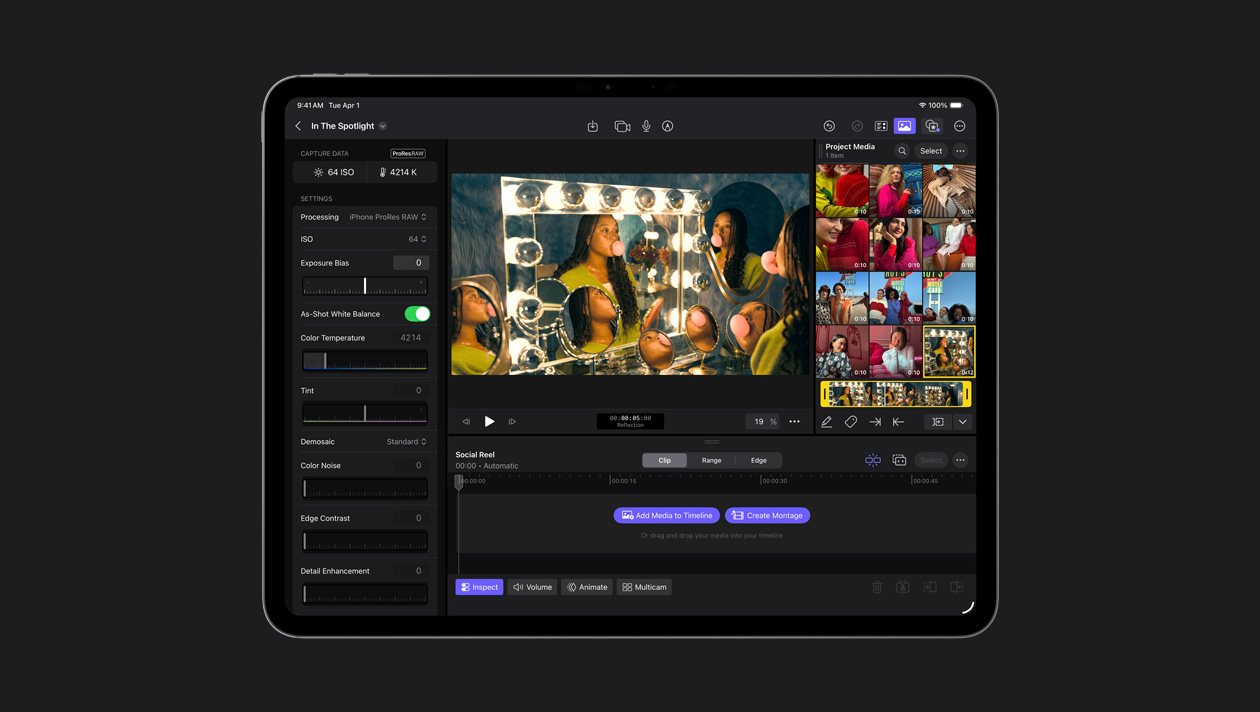 Écran d’iPad Pro 13 affichant l’image d’une femme avec des tresses faisant une bulle de chewing‑gum devant plusieurs miroirs, séquences du projet à droite, panneau de réglages à gauche, extraits de reels pour les réseaux sociaux en bas de l’écran