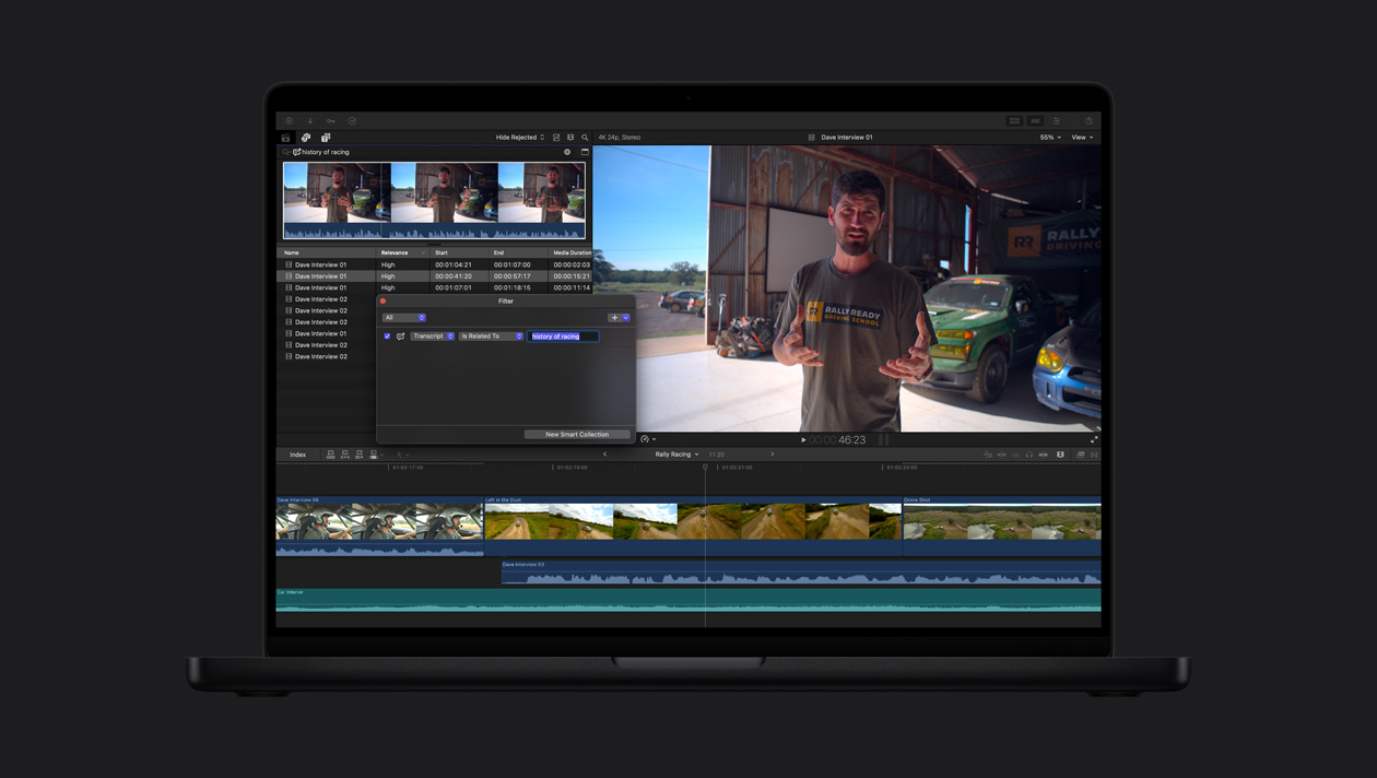 Écran d’un MacBook Pro 16, démo de la Recherche dans les transcriptions permettant de trouver des extraits audio mentionnant l’histoire de la course