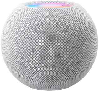 Witte HomePod mini met bewegende kleurenpixels erboven die samen het woord ‘mini’ vormen.