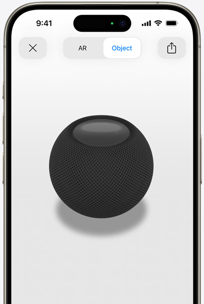 Middernacht HomePod in de AR-weergave op het scherm van een iPhone.