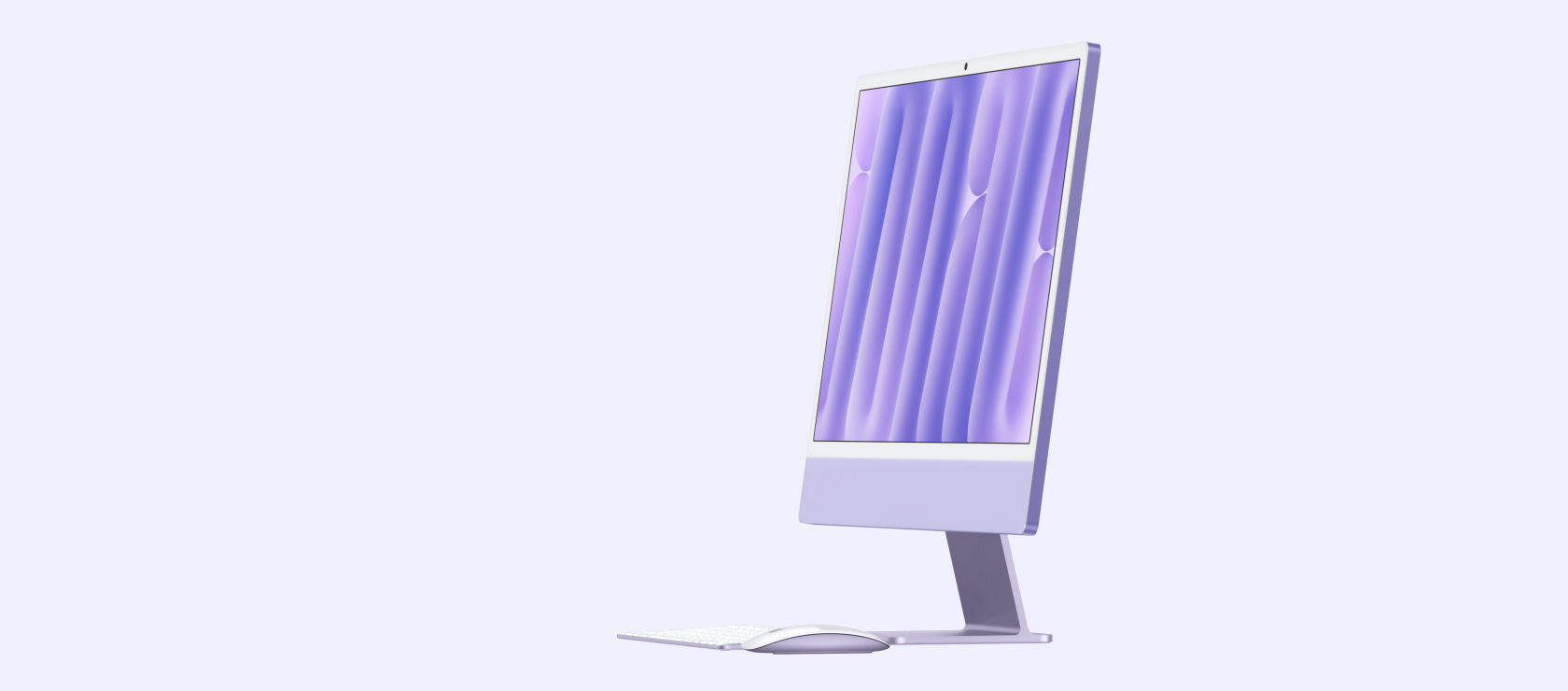 iMac violet avec clavier et souris