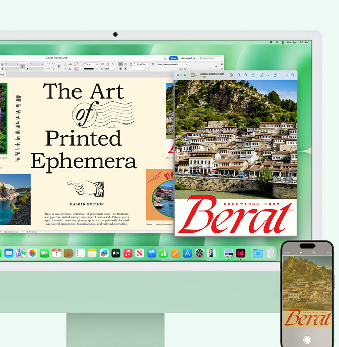 Un iMac vert et un iPhone côte à côte. Un document numérisé sur iPhone s’affiche sur l’écran d’iMac.