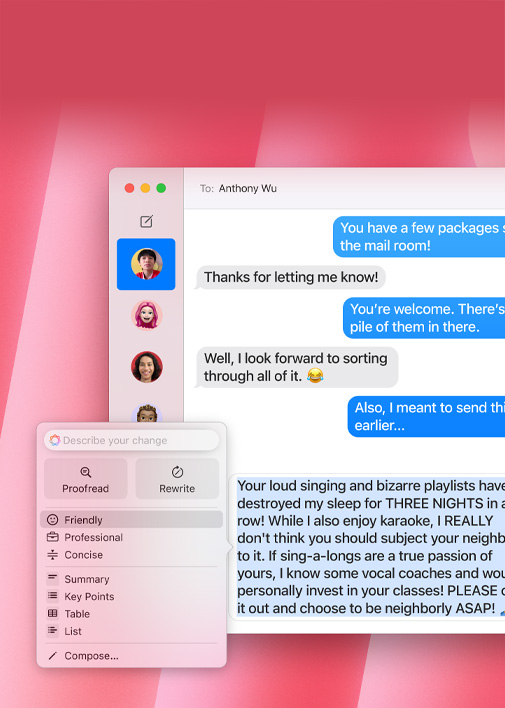 Демонстрація функції «Засоби письма». Текст користувача в додатку «Повідомлення» змінюється на більш дружній завдяки опції «Дружній тон»