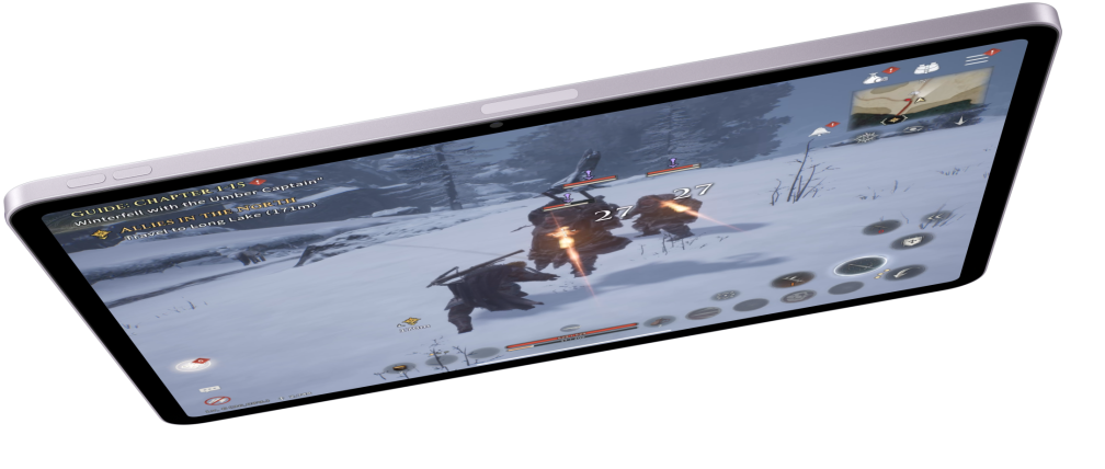 Ein iPad Air im Querformat, auf dem ein Videospiel gezeigt wird, darunter sind zwei andere iPad Air Modelle