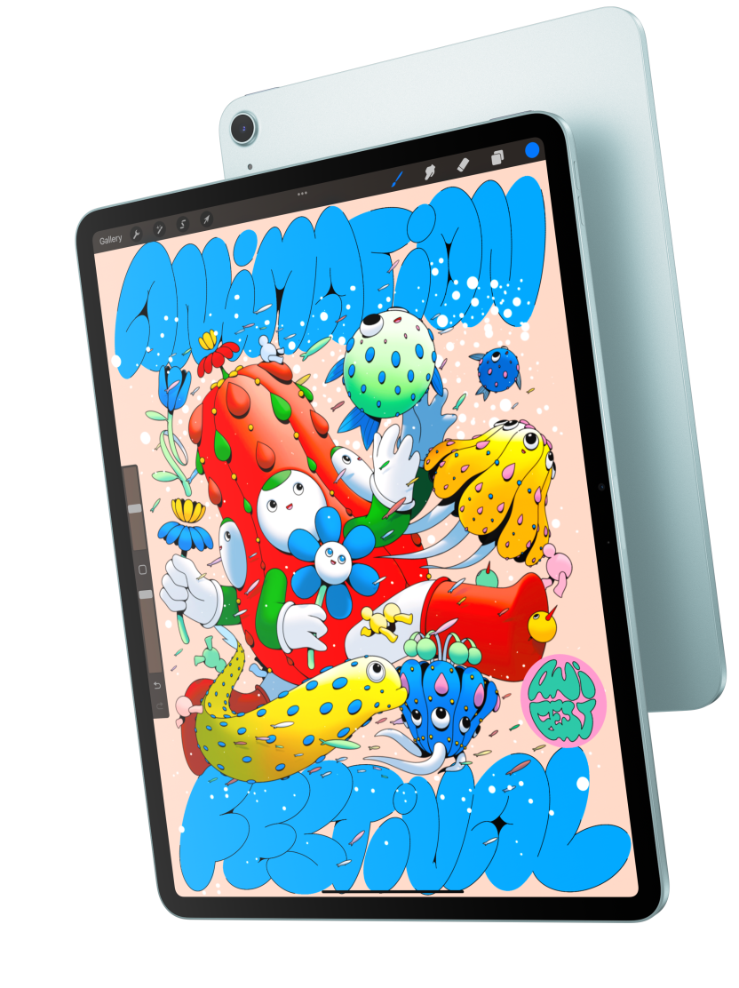 Vorderansicht eines iPad Air, die das 13" Modell mit der App Procreate zeigt, dahinter die Rückseite eines iPad Air in Blau