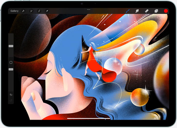 Ein iPad Air im Querformat, der Bildschirm zeigt eine Illustration in der Procreate App