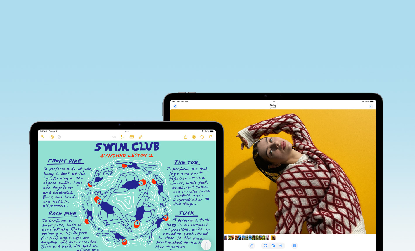 Vorderansicht des 11" iPad Air, das die App Notizen zeigt, und das 13" iPad Air, das die App Fotos zeigt, um die verschiedenen Displaygrössen zu demonstrieren