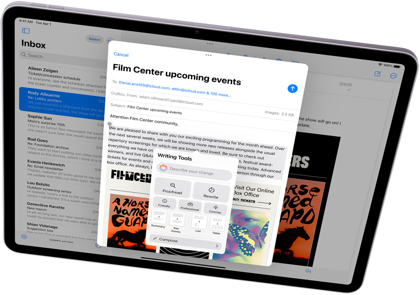 Pejzažni prikaz iPada Air uz Apple Intelligence, Writing Tools i Poštu