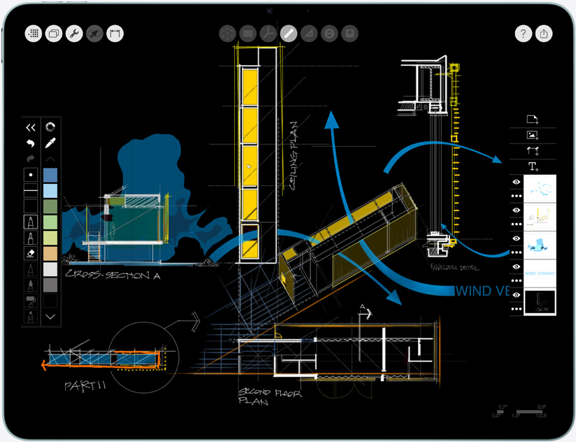 iPad Air, pejzažna orijentacija, na zaslonu se prikazuje aplikacija Morpholio Trace