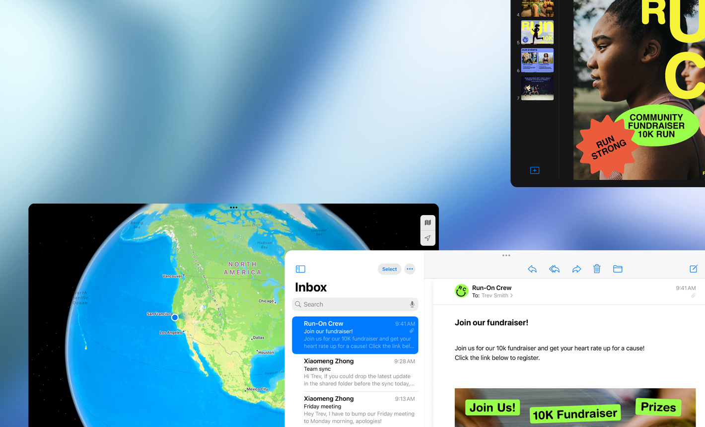 Više zaslona s prikazom različitih pokrenutih aplikacija, pejzažna orijentacija