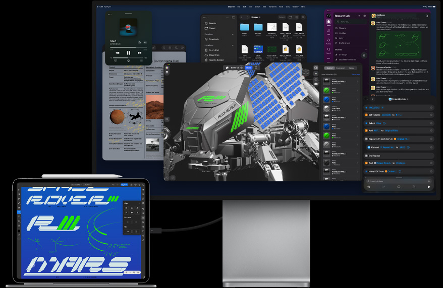 „iPad Pro“ prijungtas prie „Magic Keyboard“, priekinė pusė, visa tai prijungta prie išorinio „Mac Studio Display“, „iPad Pro“ ekrane rodoma grafikos dizaino programa, ryškios spalvos ir tekstas, „Studio Display“ ekrane rodomos įvairios programos ir 3D modelis