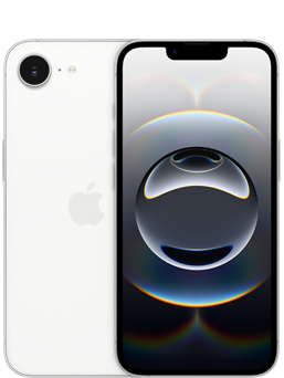 Вид спереду на iPhone 16 у білому кольорі і частковий вид на задню панель iPhone 16e з камерою.