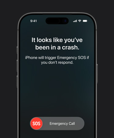 iPhone 17 Pro, prezentacija vanjskog izgleda prednje strane, zaobljeni uglovi, prikaz korištenja značajke detekcija sudara