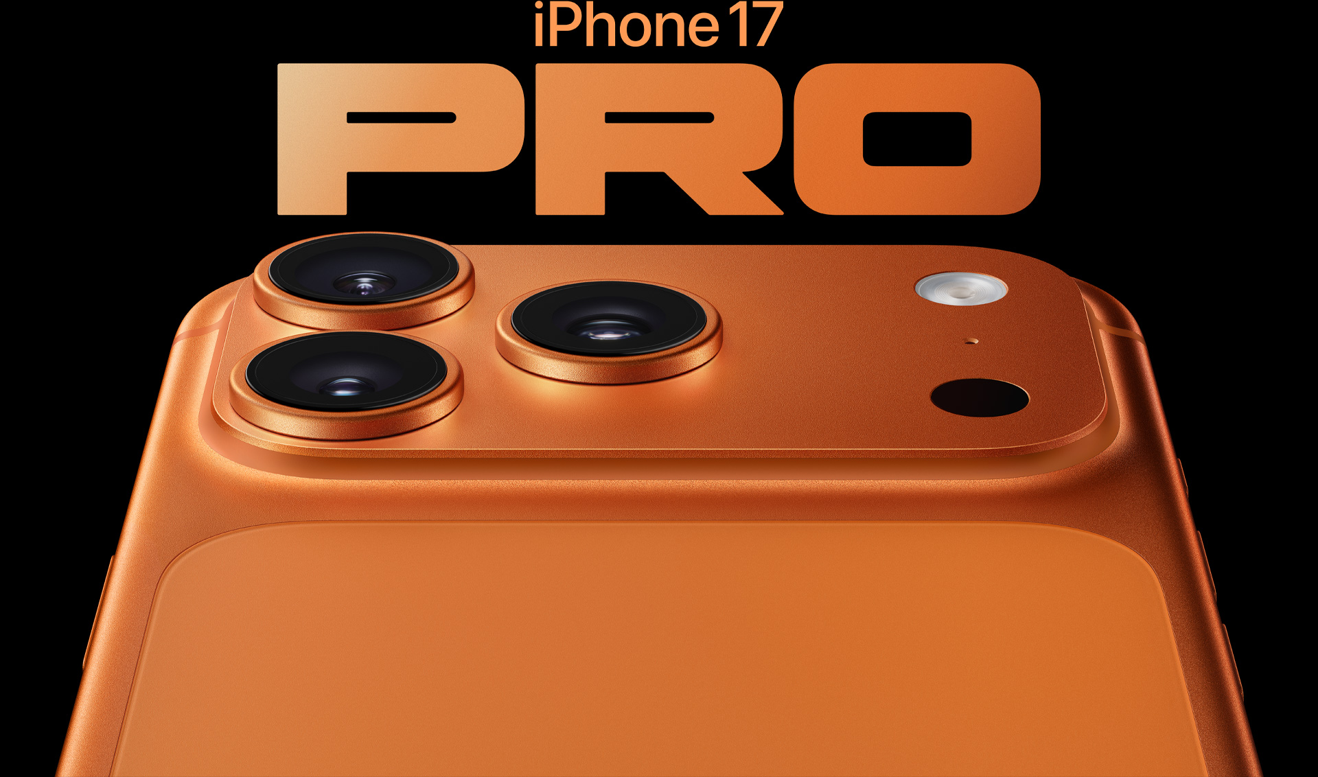 iPhone 17 Pro, Cosmic Orange, Teilansicht der Rückseite, Pro Kamera-System oben links, 3 Objektive, Mikrofon, Blitz