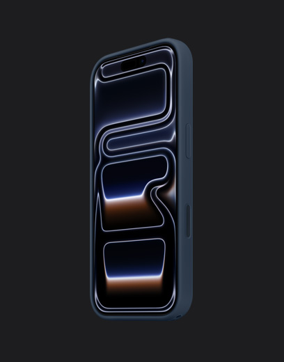 深墨藍色 iPhone 17 Pro 的正面外觀，機身套有海軍藍色矽膠護殼