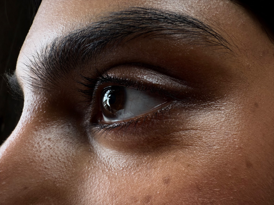 一位女士身穿紅色長裙，站在空房間內拍照留影；相機 app 的焦距切換至微距，拍攝女士的側面輪廓並聚焦於她的眼睛，以展示 Pro 相機系統的功能