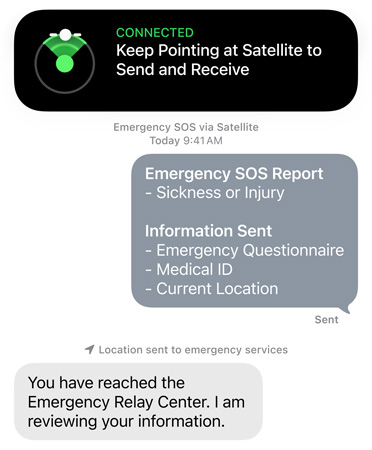 Fonctionnalité SOS d’urgence par satellite en cours d’utilisation pour contacter les services d’urgence et obtenir de l’aide pour une personne malade ou blessée